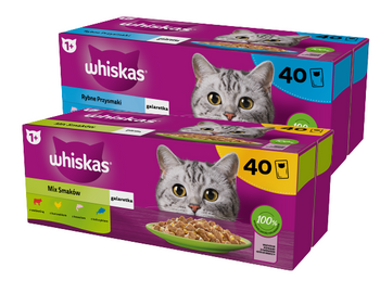 WHISKAS Adult vrecúška 40 x 85 g Mix príchutí - vlhké krmivo pre dospelé mačky, v želé + WHISKAS Adult vrecúška 40 x 85 g Fishy Treats