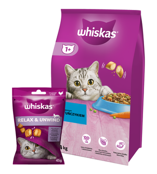 Whiskas granule s tuniakom 14 kg + WHISKAS Relax & Relieve 45g pochúťka pre mačky, s kuracím mäsom